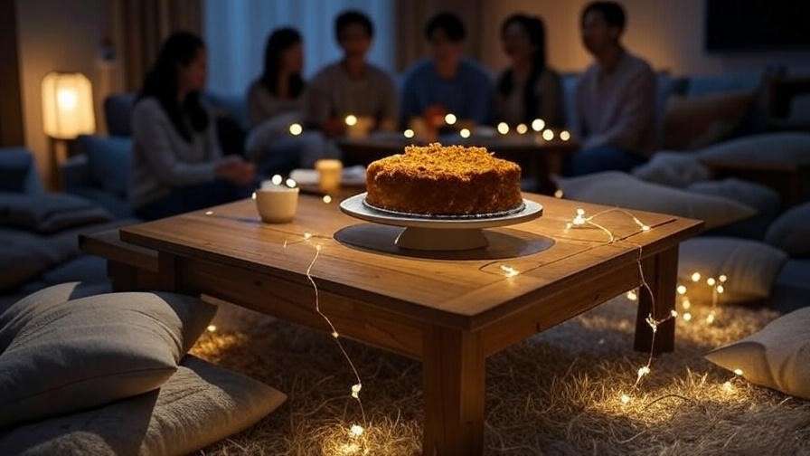 Cozy K-drama viewing party with sweet potato cake and Korean decor.