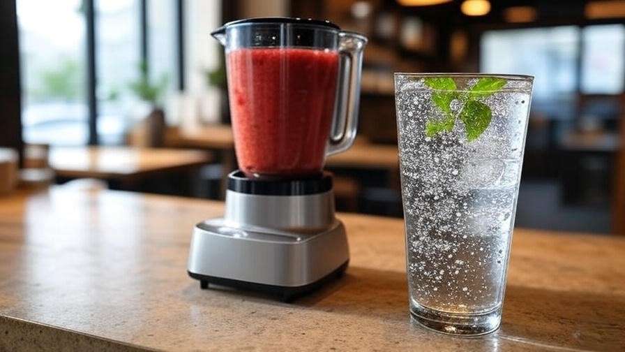 Step-by-step process of making Korean strawberry ade with blender, sparkling water, and mint garnish in a Korean cafe