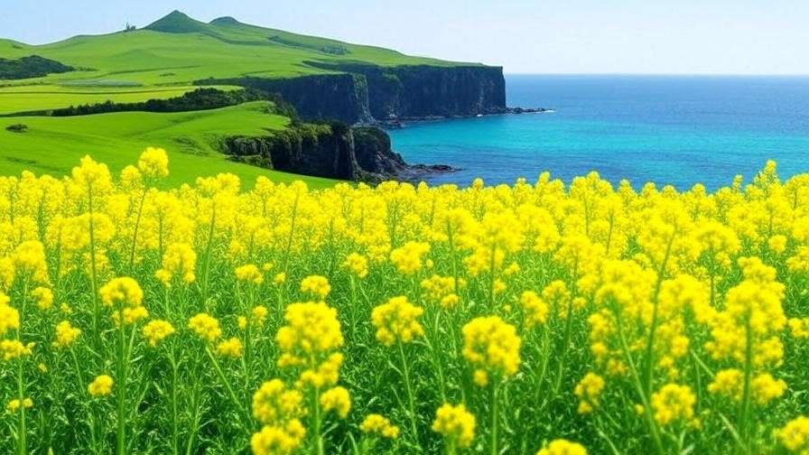 Seopjikoji on Jeju Island with rapeseed flowers and cliffs, a popular K-pop music video location