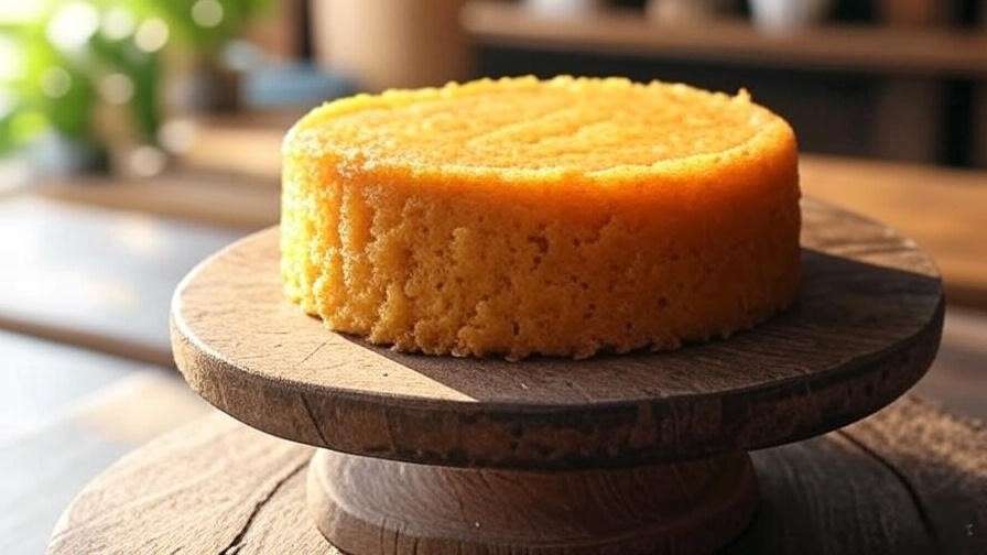 Close-up of a golden Korean sweet potato cake on a wooden stand in a cozy cafe setting