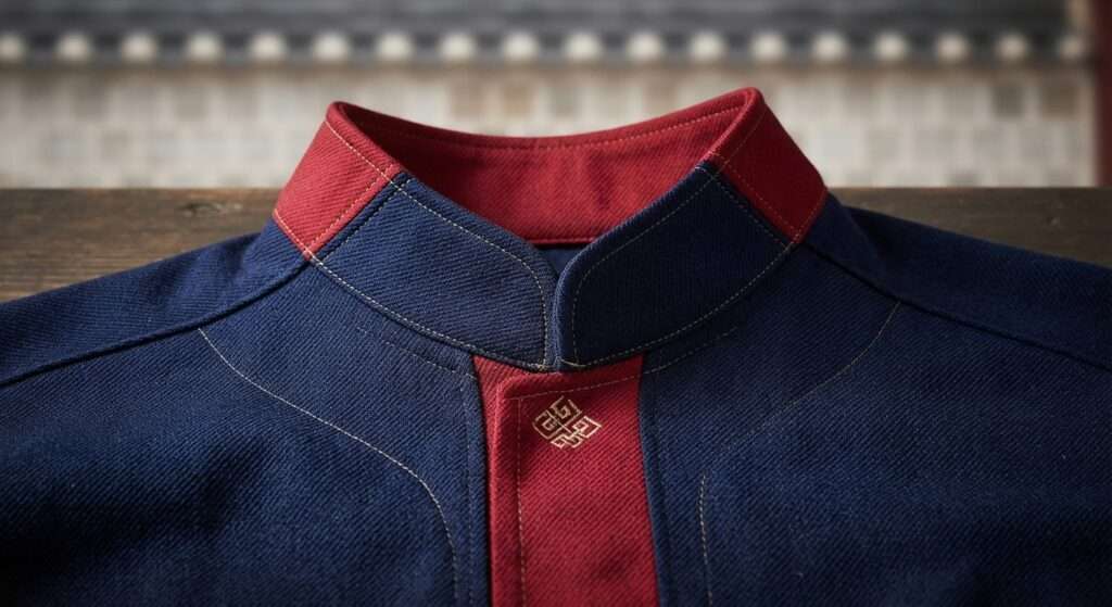 Close-up of a Korean baseball jersey with Hanbok-inspired color palette
