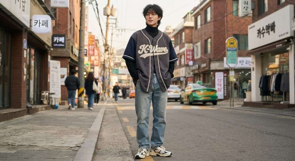 Person styling a baseball jersey as streetwear with jeans and sneakers