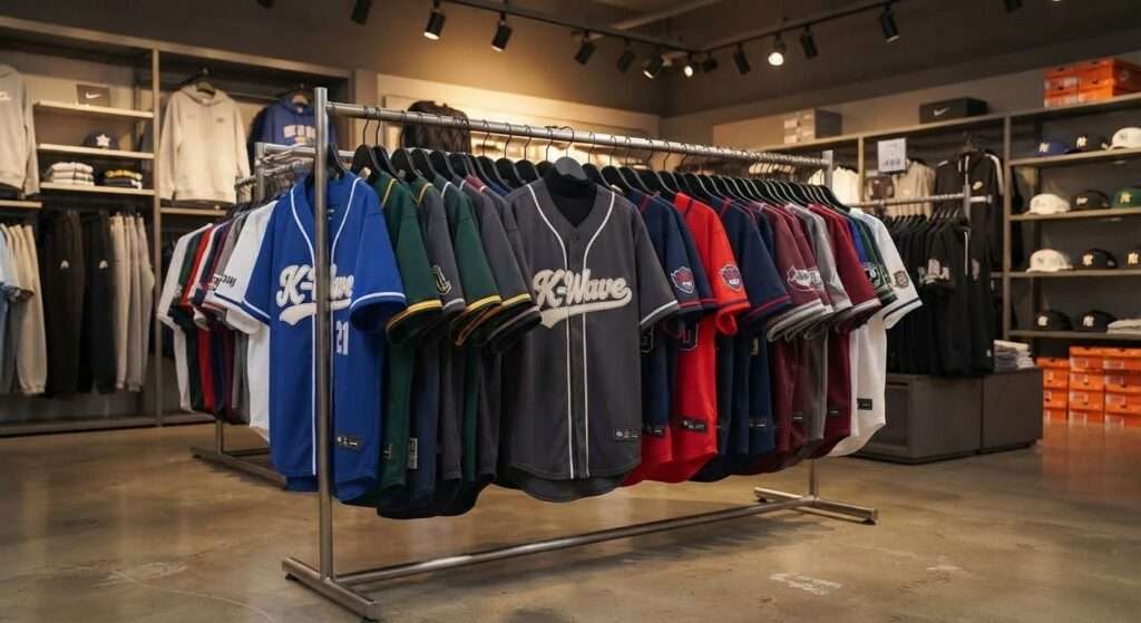 Rack of baseball jerseys displayed in a retail store