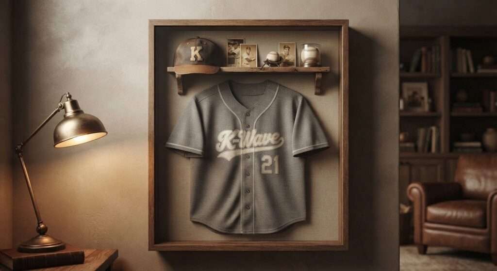 Framed baseball jersey displayed as memorabilia in a home setting