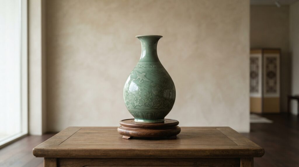 Celadon vase centerpiece in a Korean-inspired living room