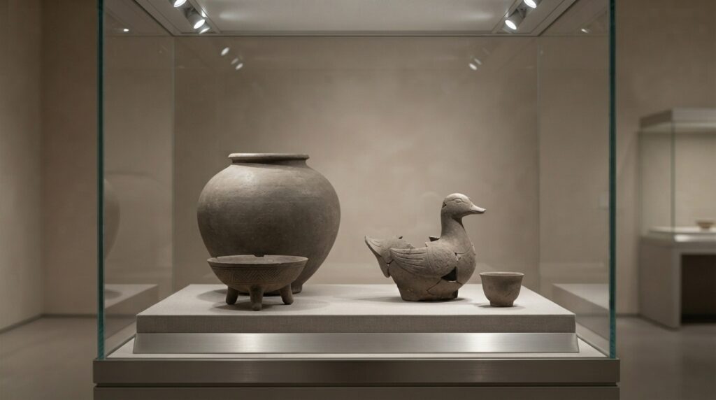 Ancient Korean unglazed earthenware pottery on museum display