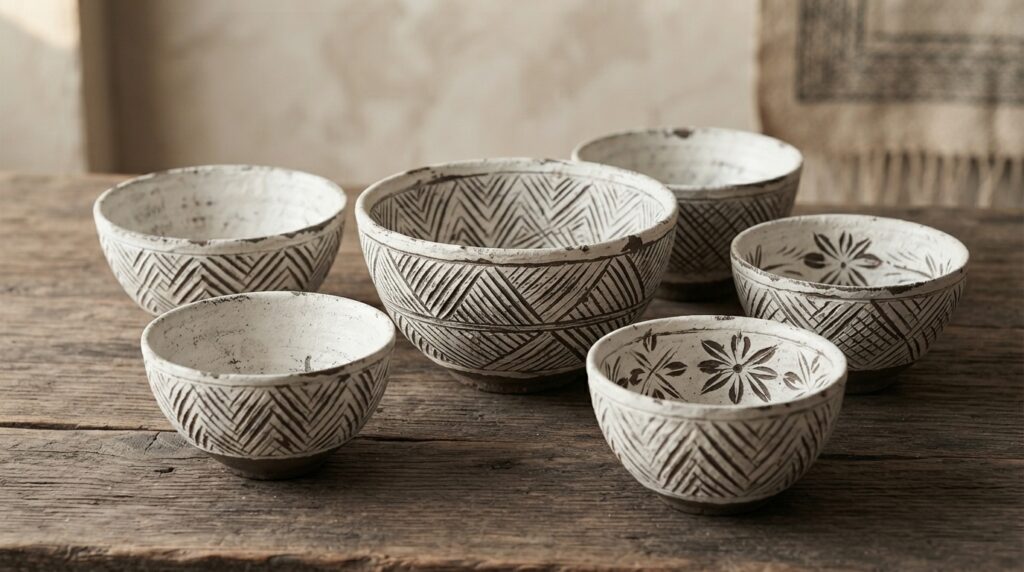Joseon Dynasty Buncheong ware bowls with scratched patterns