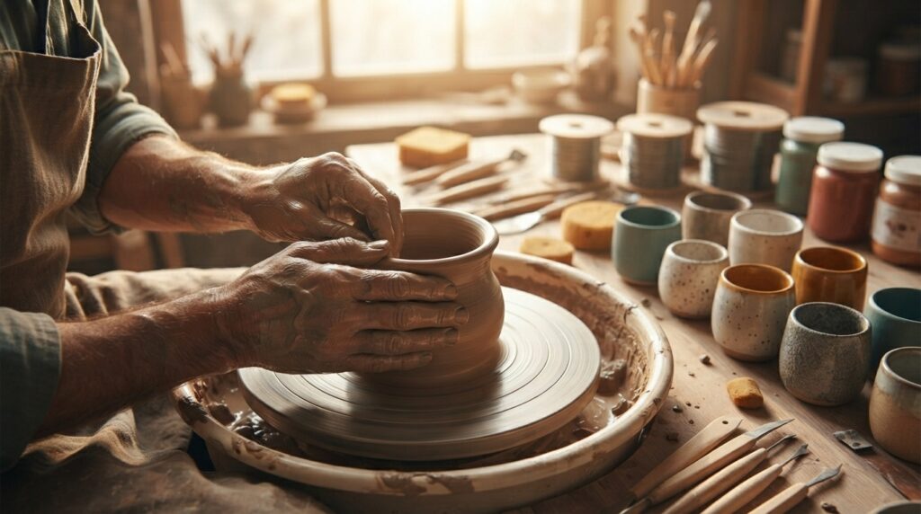 Artisan shaping modern pottery on a wheel