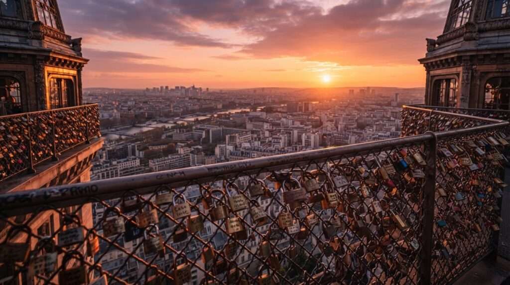 Love padlocks on a tower fence overlooking the city skyline