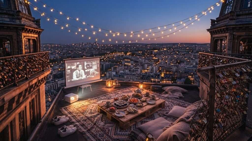 Rooftop picnic setup with fairy lights inspired by K-drama date scenes