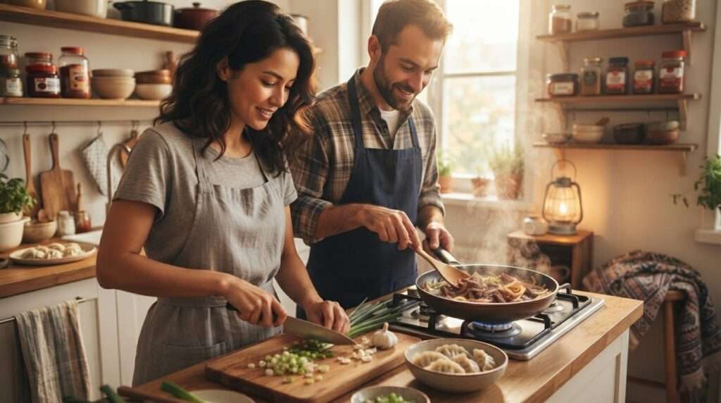 Couple cooking bulgogi together for a Korean food-inspired date