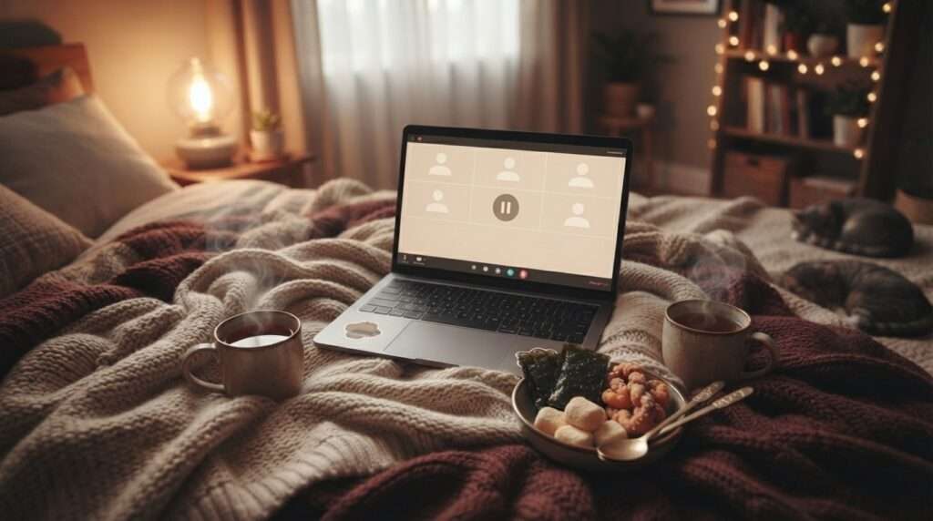 Laptop set up for a virtual Korean Valentine's Day date with tea and snacks