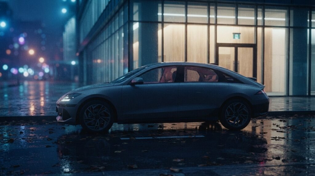 Cinematic K-drama style scene featuring a Korean electric car
