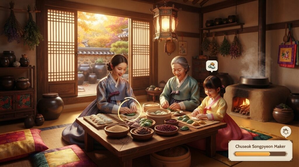 Chuseok rice cake mini-game showing Korean cultural traditions in KGames Korea