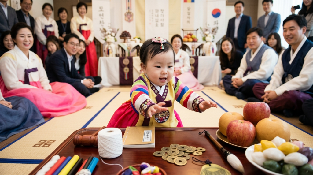 Child reaching for symbolic items during a Korean doljabi ceremony