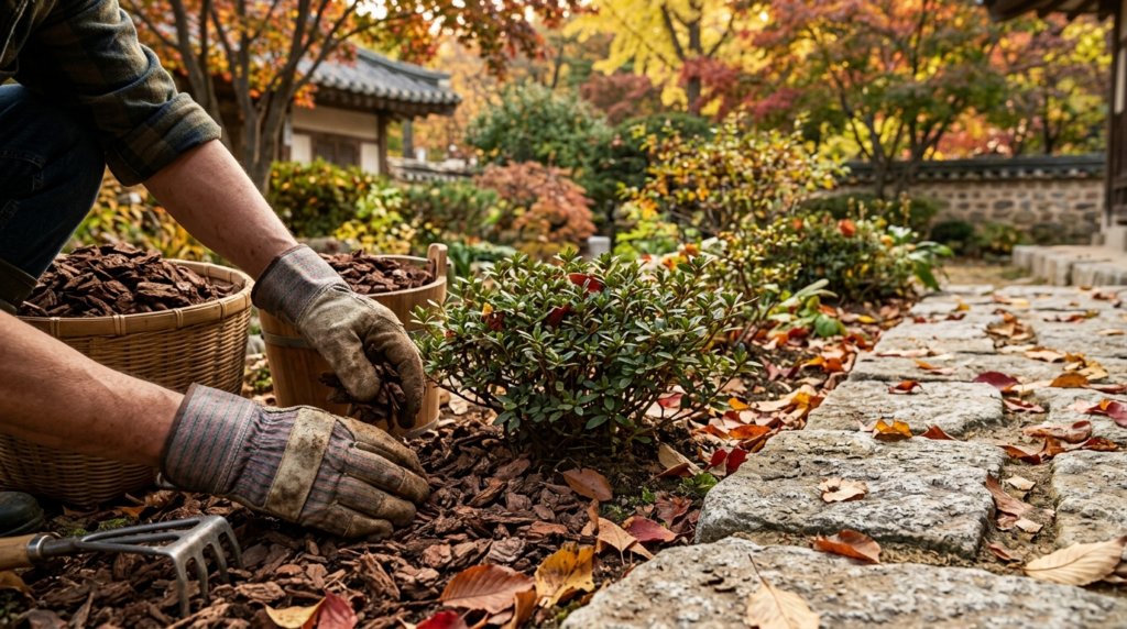 Mulching azaleas along a stone pathway in a Korean garden during autumn