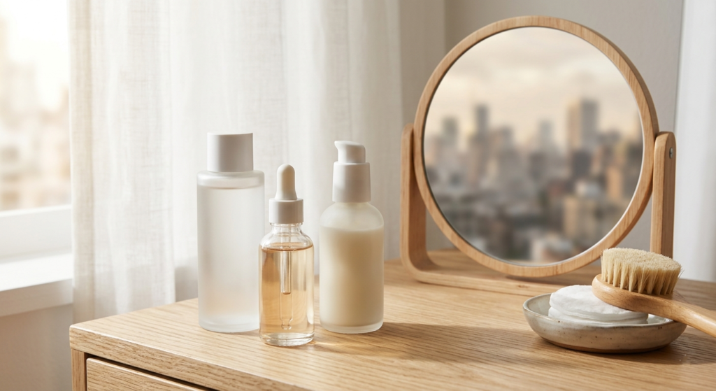 K-beauty skincare products arranged for a self-care routine