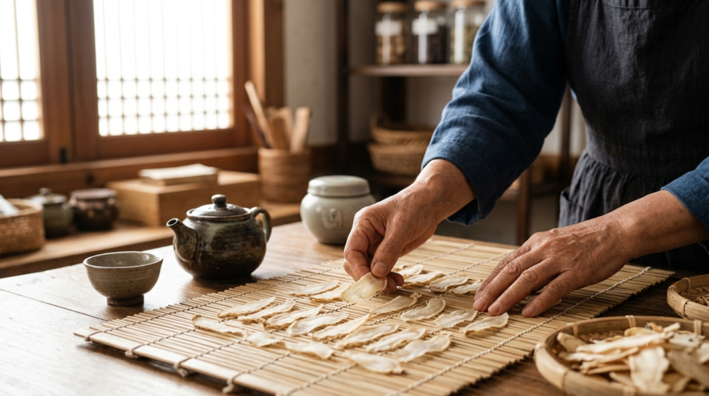 Herbalist preparing dried ginseng slices for tea on a bamboo mat