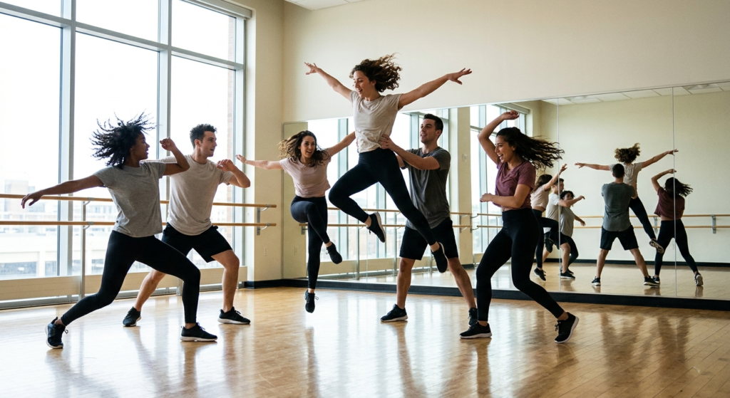 Group practicing K-pop dance choreography in a bright studio