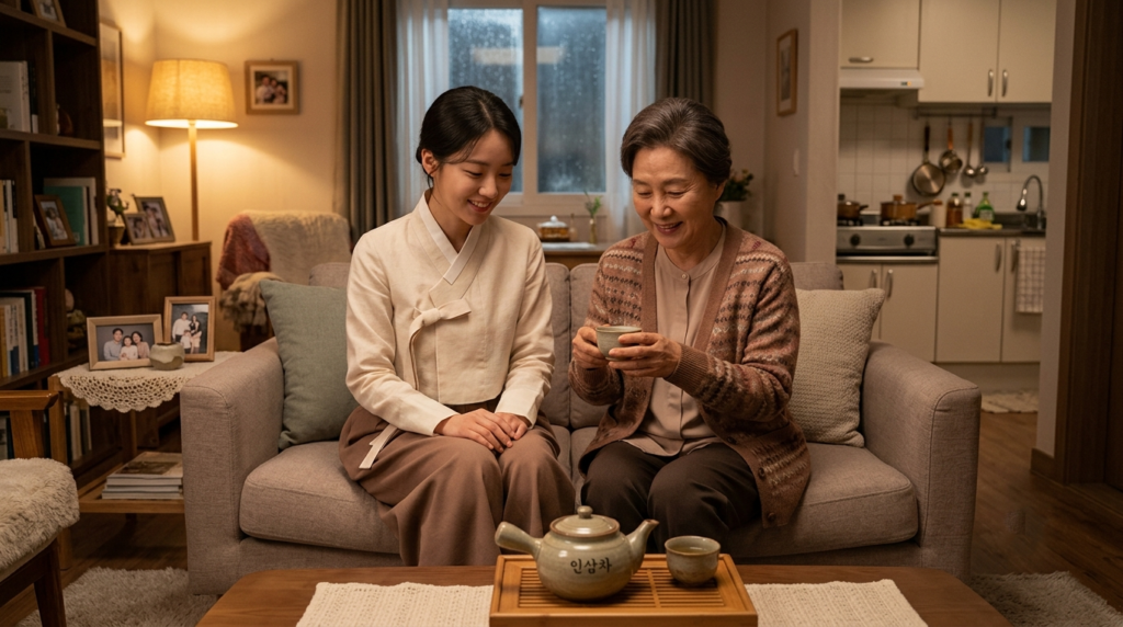 Family sharing ginseng tea in a K-drama-inspired scene