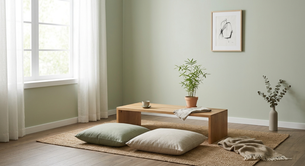 Minimalist Korean-inspired home wellness corner with floor cushions and bamboo
