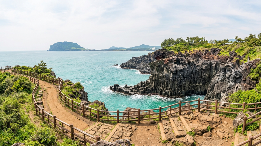 Jeju Island coastal trail representing wellness travel in South Korea