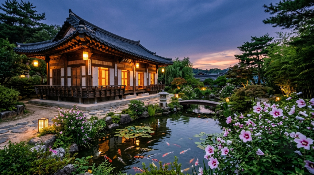 Hanok pavilion overlooking a koi pond, inspired by K-drama garden scenes