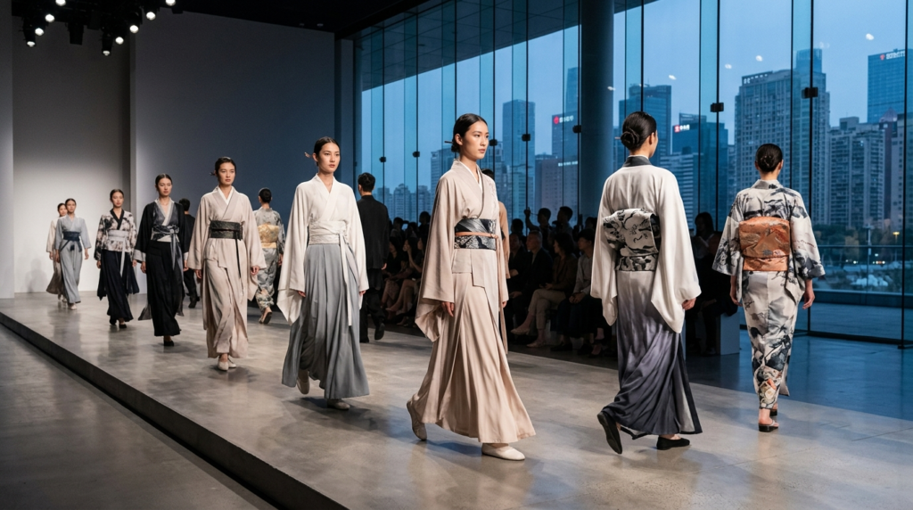 Modern runway fusion of hanfu and kimono design elements