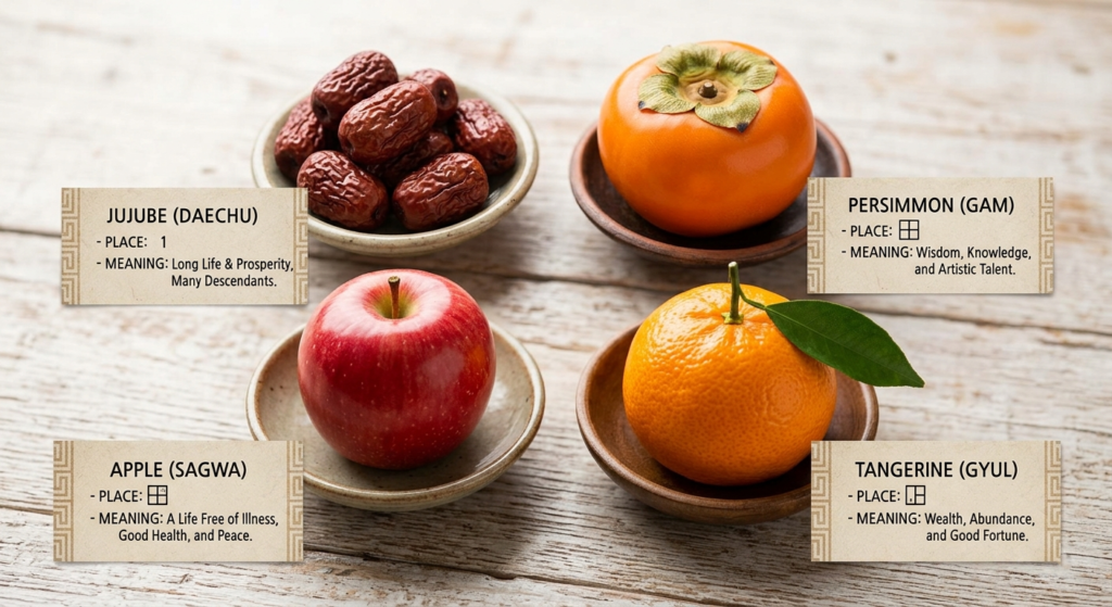 Jujubes, persimmons, apples, and tangerines used in symbolism