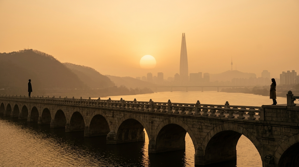 Couple separated by a bridge at sunset symbolizing distance in love