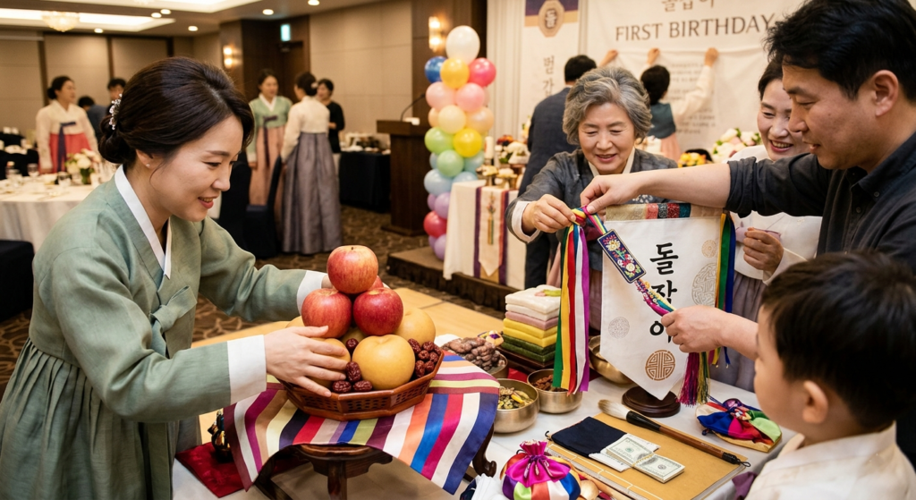 Family preparing a dol table with doljabi fruits for a first birthday party