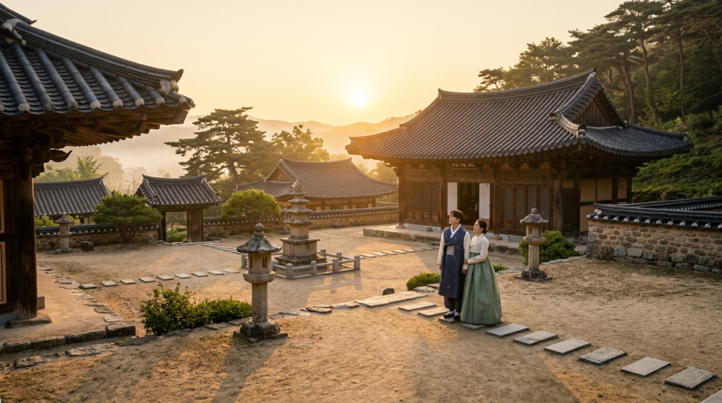 Couple at a Korean temple during sunrise symbolizing eternal love
