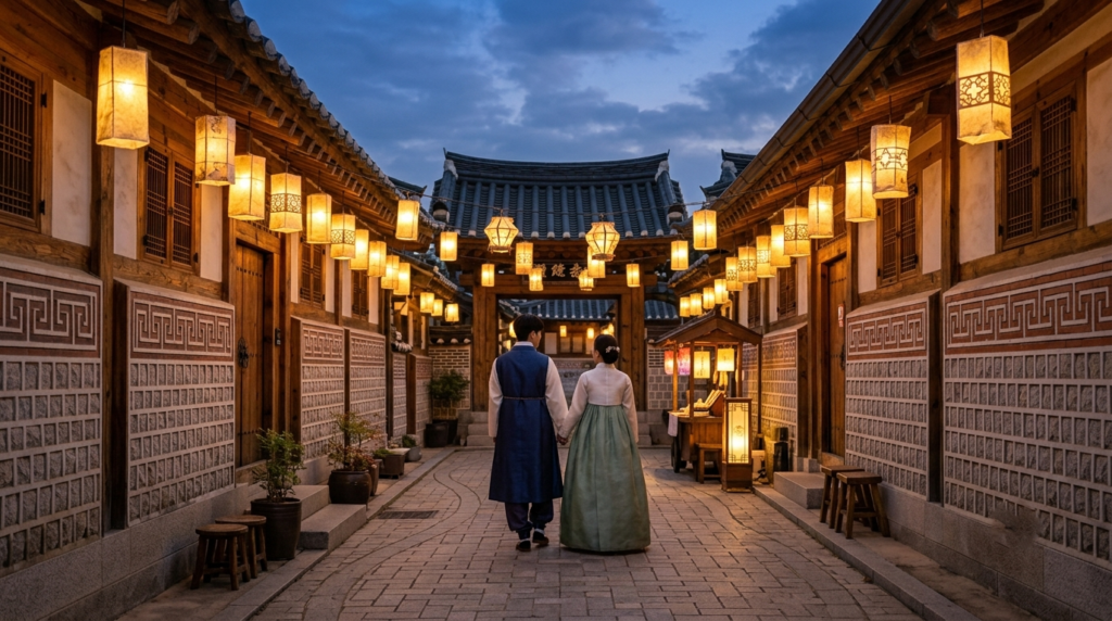 Couple walking under lantern-lit street symbolizing love as guiding light