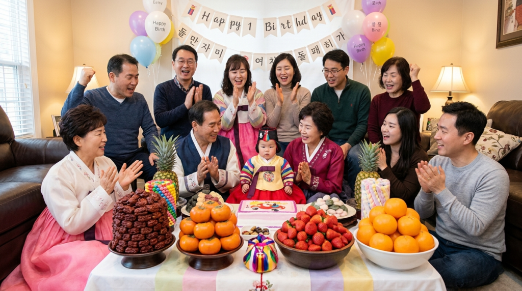 Korean-American family blending local fruits into a doljanchi celebration