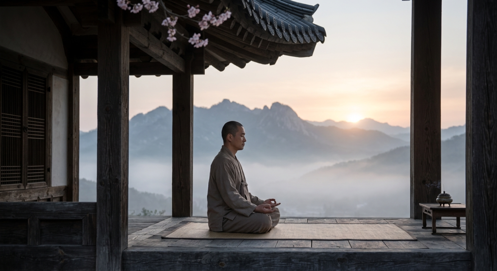 Person meditating on a hanok veranda at sunrise reflecting Korean wellness philosophy