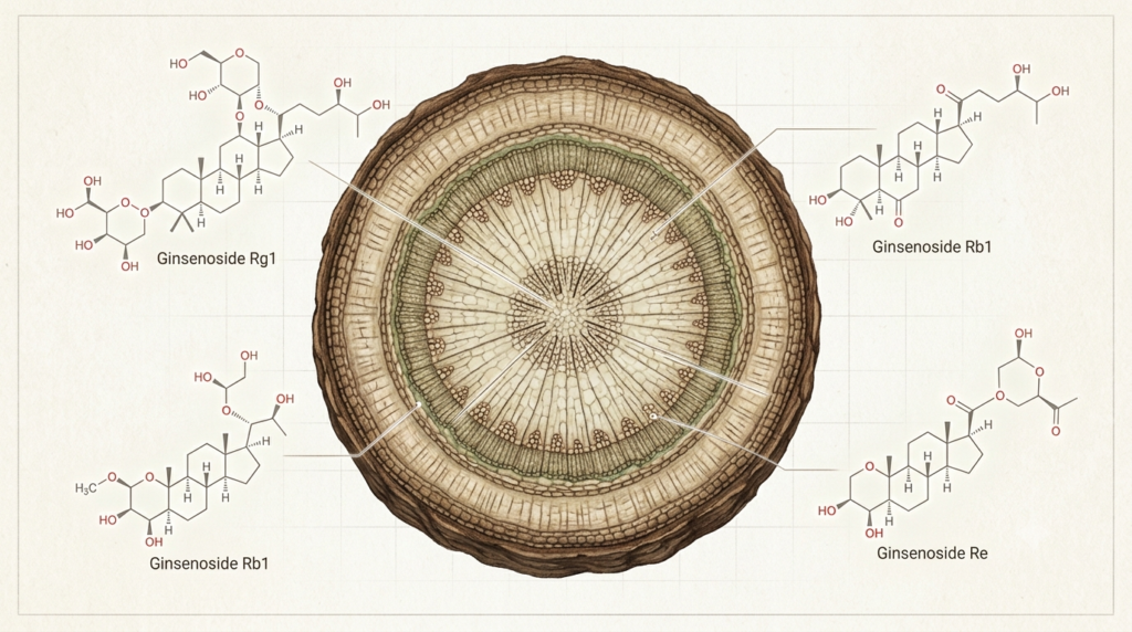 Illustration of ginseng root structure and ginsenoside compounds