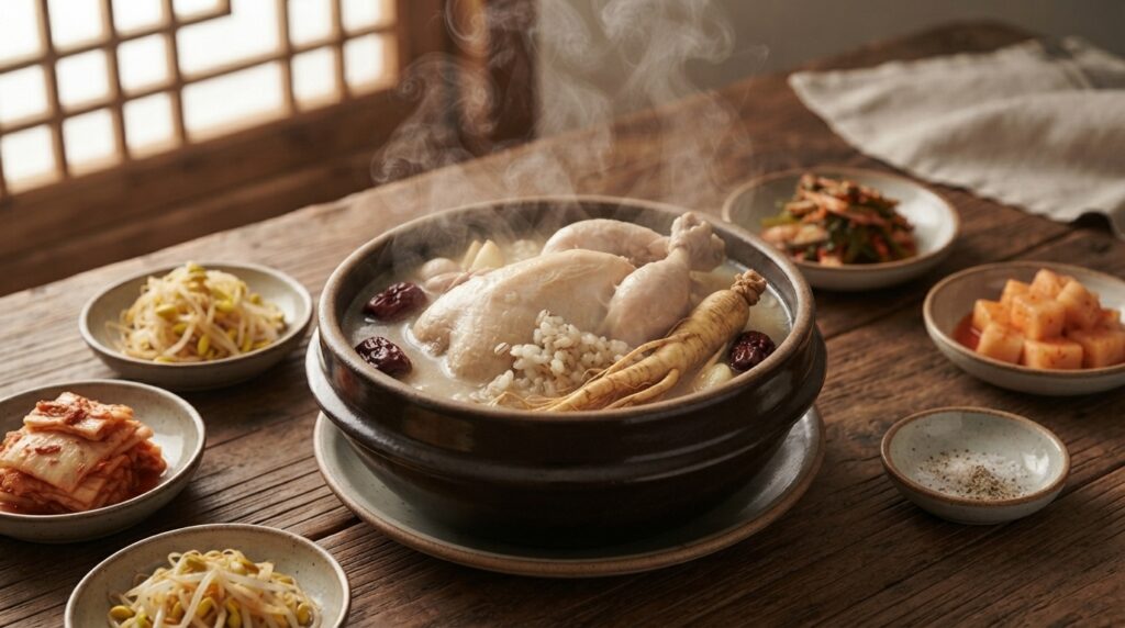 Steaming bowl of samgyetang ginseng chicken soup in a Korean dining setting