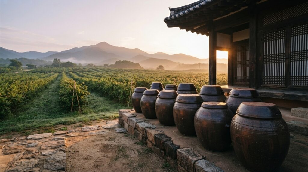 Earthenware jars and black raspberry fields for Bokbunja-ju production