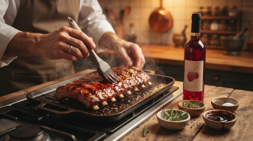 Chef preparing Bokbunja-ju BBQ glaze in a kitchen