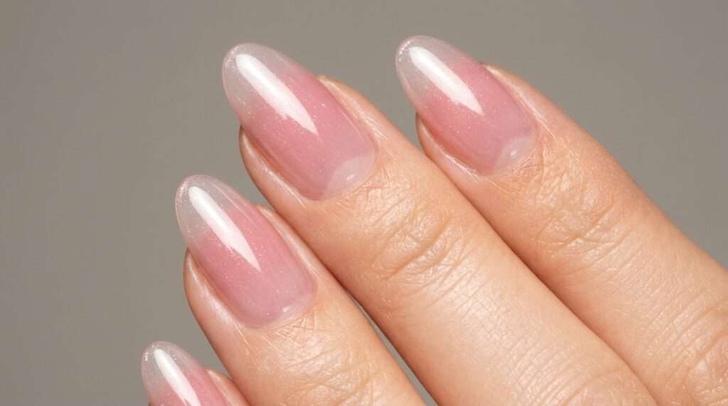 Close-up of glassy gradient nail art transitioning from clear to pink