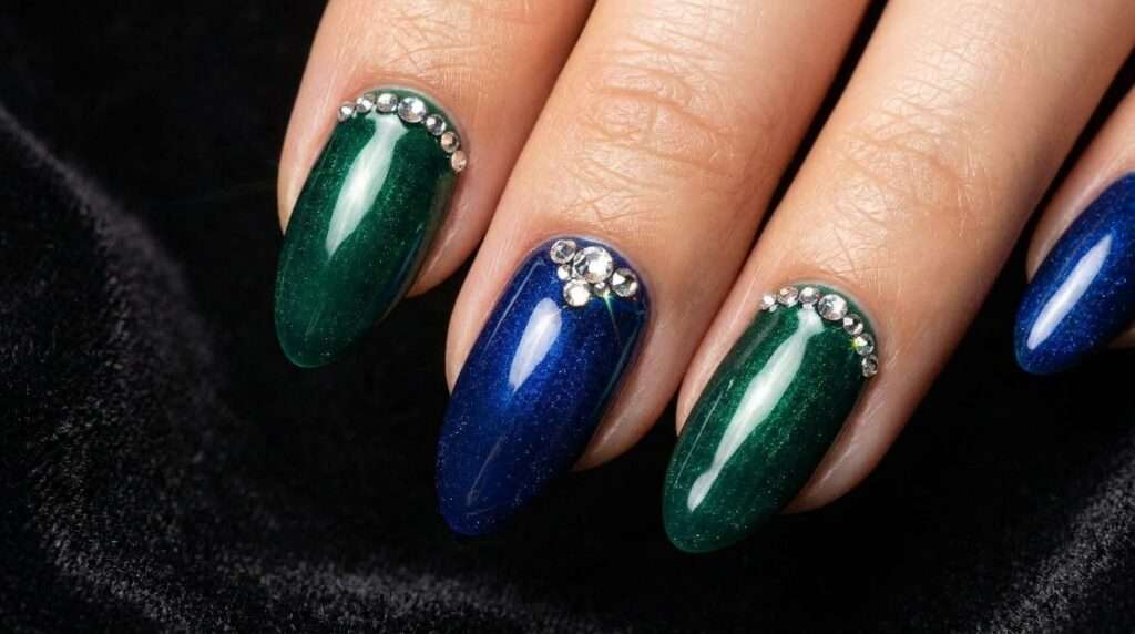 Bold jewel-toned nail art with emerald polish and rhinestone accents