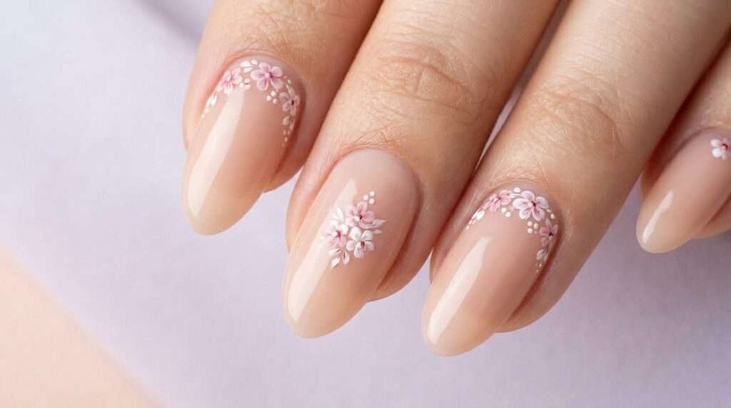 Delicate hand-painted floral nail art in soft pink tones