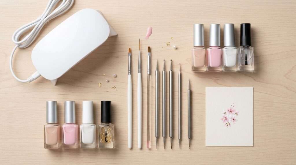 Flat lay of nail art tools and polish bottles on a workspace