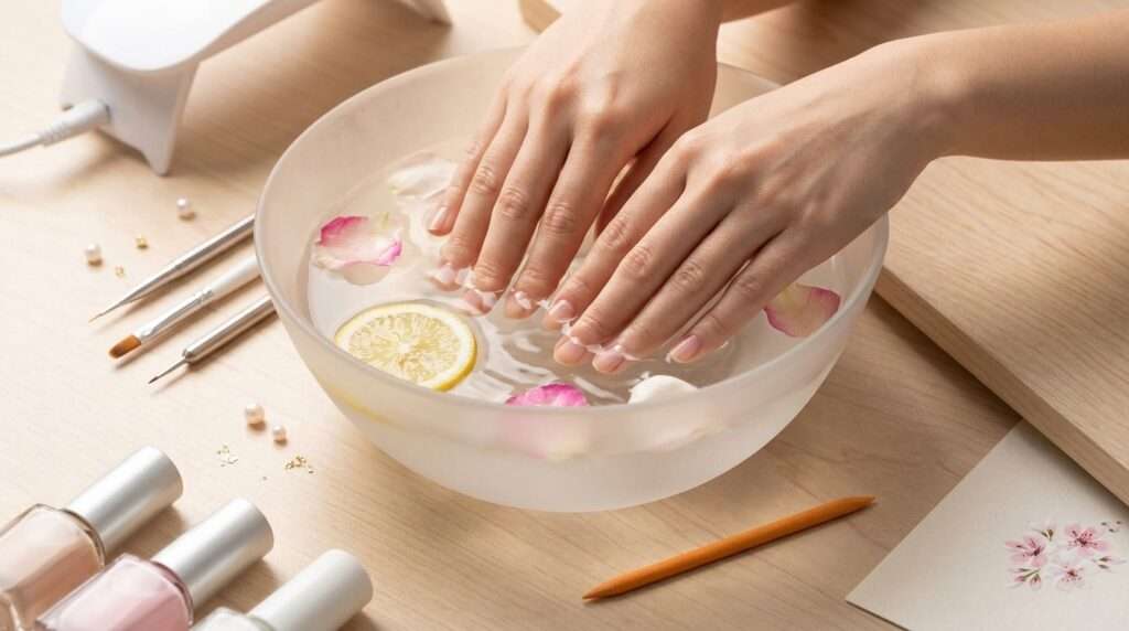 Hands being prepped for manicure with cuticle care tools