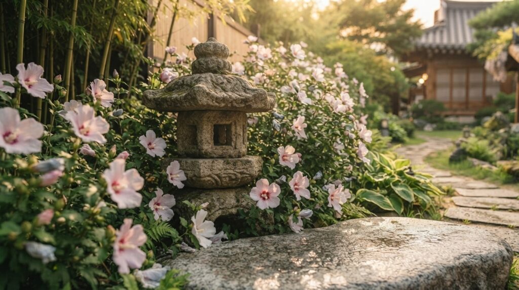 Stone lantern and mugunghwa blooms along a stepping-stone path in a Korean garden