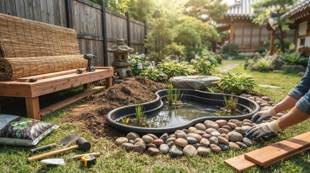 DIY Korean garden pond and bench being built with river rocks and bamboo screen