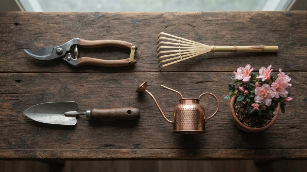 Essential Korean gardening tools including pruning shears, trowel, and bamboo rake