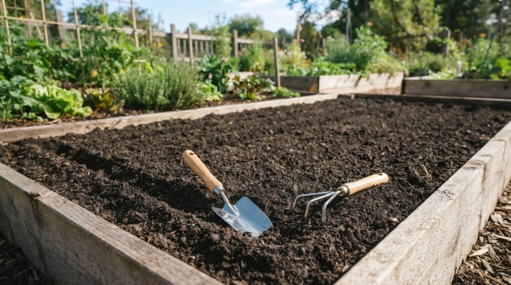 Prepared garden bed with loamy soil for growing Korean radish