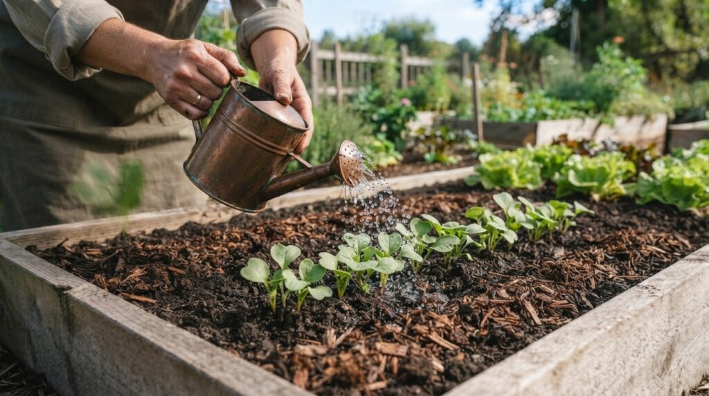 Gardener caring for Korean radish plant with compost and watering can