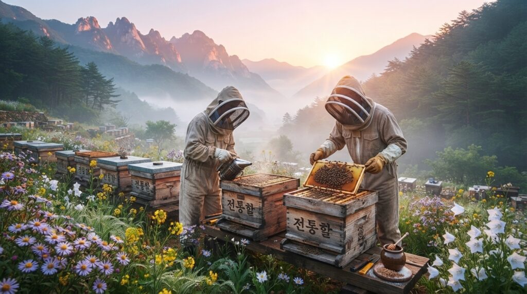 Traditional Korean beekeepers tending hives in Gangwon Province at sunrise